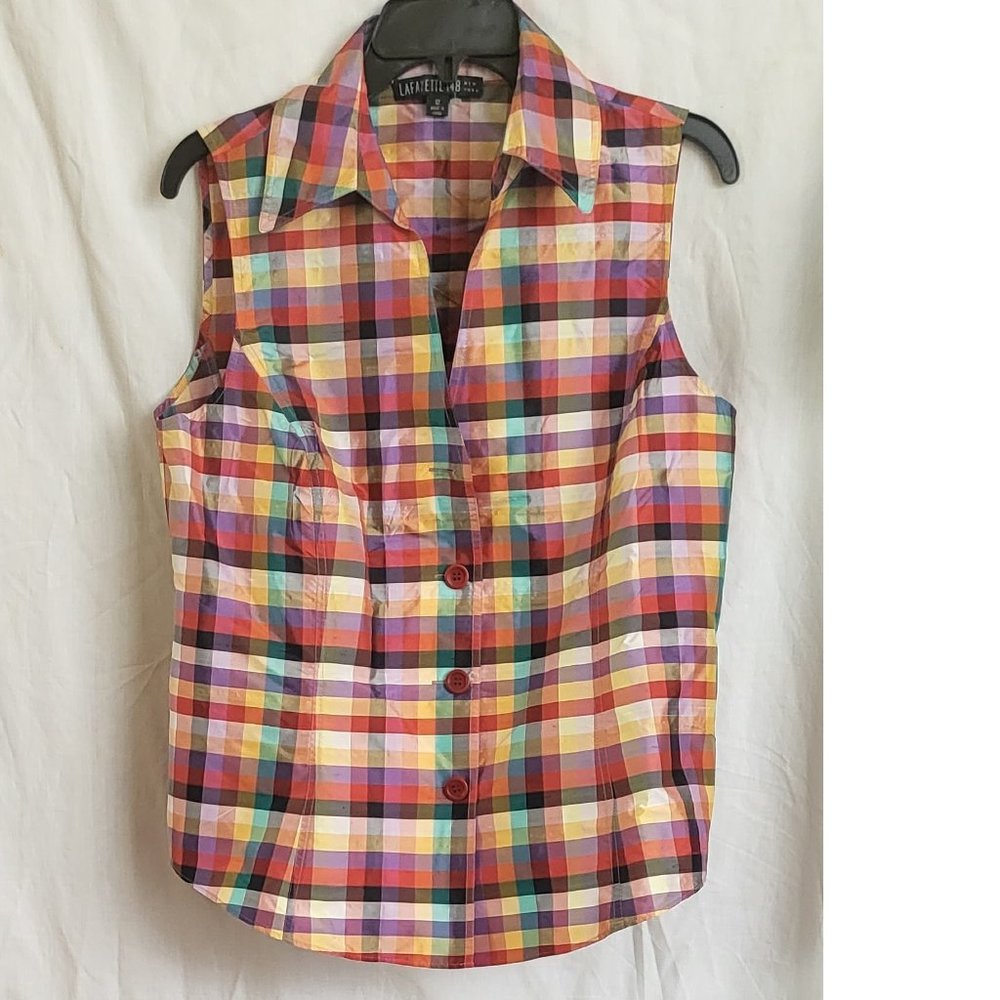 Shantung Silk Sleeveless Plaid top
